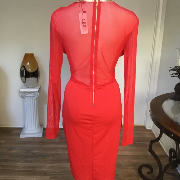 CBR Pencil Short Dress Mesh Long Sleeve Gold Trim V-Neck Bodycon Party Red XL - Picture 9 of 10